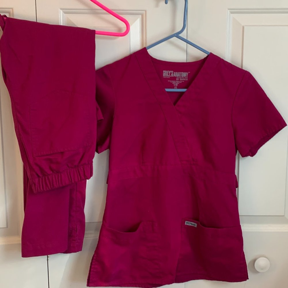 Grey's Anatomy maroon scrub top and bottom